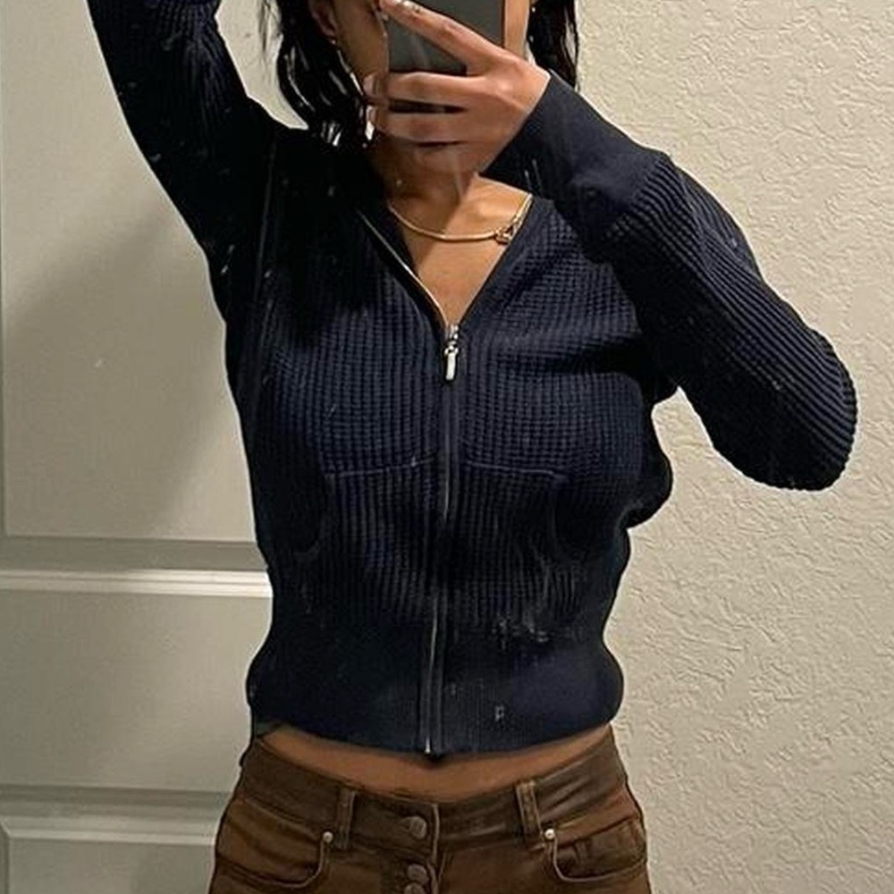 Polo Ralph Lauren navy waffle knit, cropped, zip up long sleeve hoodie/ sweater